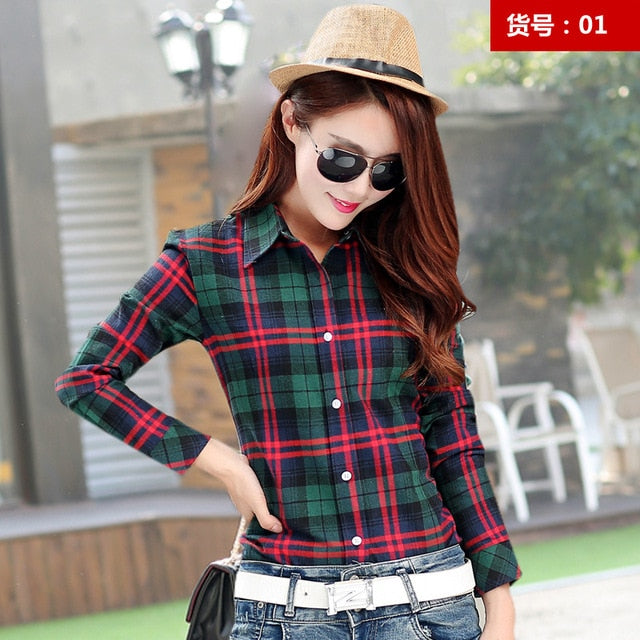 2020 Spring New Fashion Casual Lapel Plus Size Blouses Women Plaid Shirt Checks Flannel Shirts Female Long Sleeve Tops Blouse