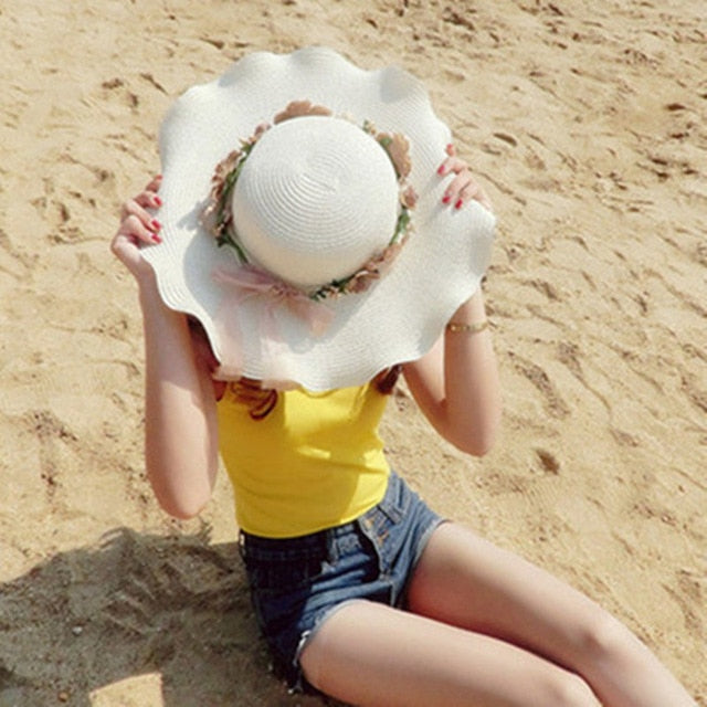 2019 Parent-child Sun Hat Big Wide Brim Beach Hat Handmade Floral Straw Cap girls Sun Hat Summer Hats Women Chapeu