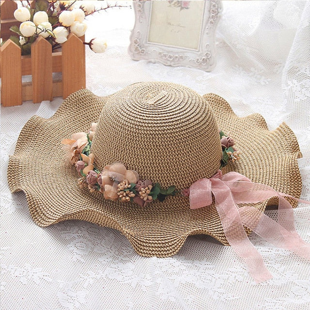 2019 Parent-child Sun Hat Big Wide Brim Beach Hat Handmade Floral Straw Cap girls Sun Hat Summer Hats Women Chapeu