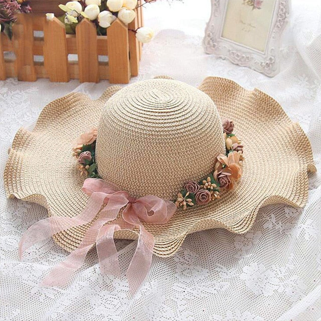 2019 Parent-child Sun Hat Big Wide Brim Beach Hat Handmade Floral Straw Cap girls Sun Hat Summer Hats Women Chapeu