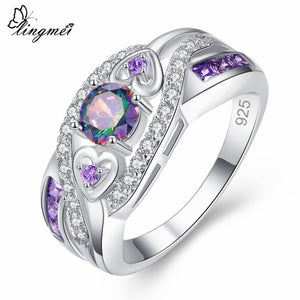 lingmei Dropshipping Fashion Women Wedding Jewelry Oval Heart Design Multi & Purple White CZ Silver Color Ring Size 6 7 8 9