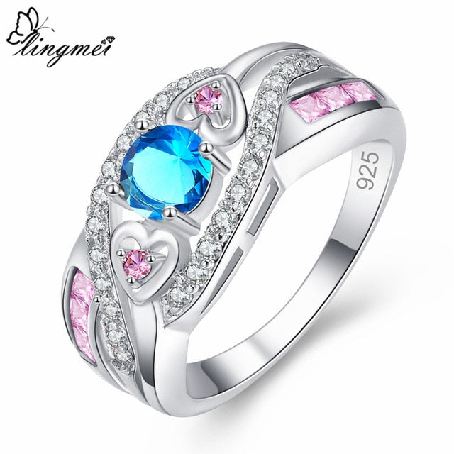 lingmei Dropshipping Fashion Women Wedding Jewelry Oval Heart Design Multi & Purple White CZ Silver Color Ring Size 6 7 8 9