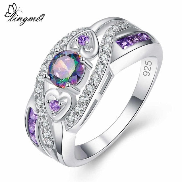 lingmei Dropshipping Fashion Women Wedding Jewelry Oval Heart Design Multi & Purple White CZ Silver Color Ring Size 6 7 8 9