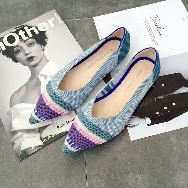 Color Casual Women Soft Shoes Breathable Knit Pointed Shoes Women's Flat Shoes Ballet Single Shoes Comfortable Pregnant Shoes
