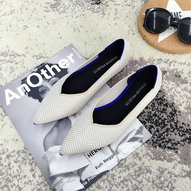 Color Casual Women Soft Shoes Breathable Knit Pointed Shoes Women's Flat Shoes Ballet Single Shoes Comfortable Pregnant Shoes