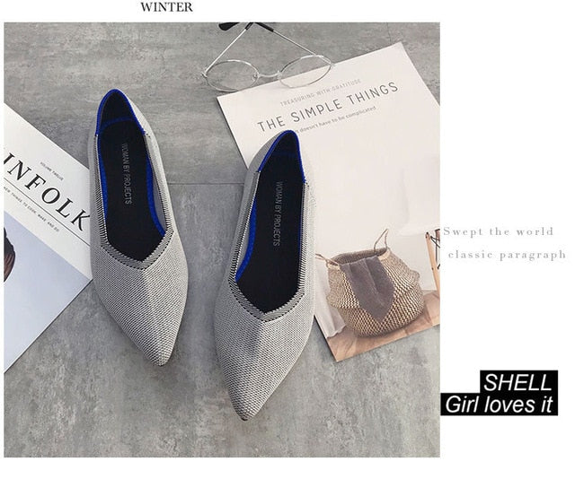 Color Casual Women Soft Shoes Breathable Knit Pointed Shoes Women's Flat Shoes Ballet Single Shoes Comfortable Pregnant Shoes