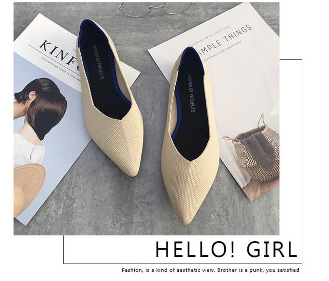 Color Casual Women Soft Shoes Breathable Knit Pointed Shoes Women's Flat Shoes Ballet Single Shoes Comfortable Pregnant Shoes
