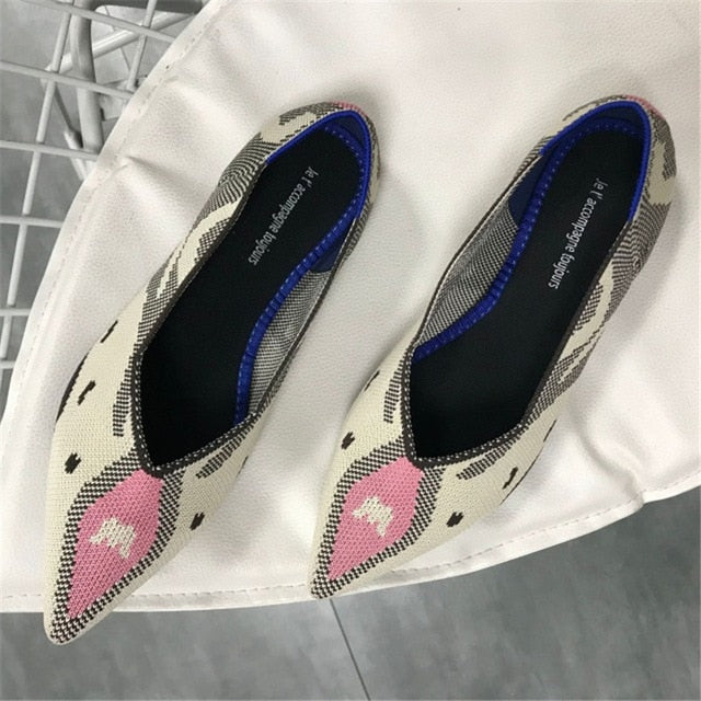 2019 Women's Flat Shoes Ballet Shoes Breathable Knit Pointed Shoes Moccasin Mixed Color Women's Soft Shoes Women Zapatos De