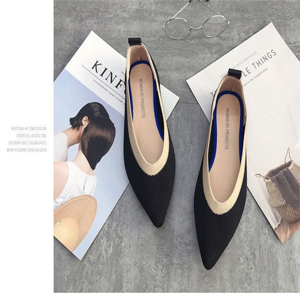 2019 Women's Flat Shoes Ballet Shoes Breathable Knit Pointed Shoes Moccasin Mixed Color Women's Soft Shoes Women Zapatos De