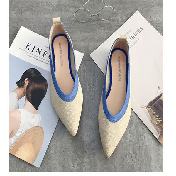 2019 Women's Flat Shoes Ballet Shoes Breathable Knit Pointed Shoes Moccasin Mixed Color Women's Soft Shoes Women Zapatos De