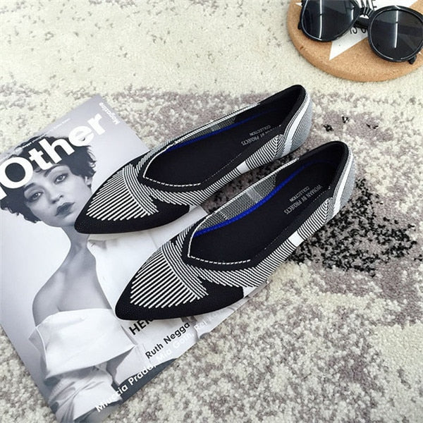 2019 Women's Flat Shoes Ballet Shoes Breathable Knit Pointed Shoes Moccasin Mixed Color Women's Soft Shoes Women Zapatos De