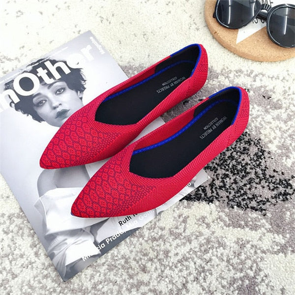 2019 Women's Flat Shoes Ballet Shoes Breathable Knit Pointed Shoes Moccasin Mixed Color Women's Soft Shoes Women Zapatos De