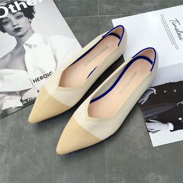2019 Women's Flat Shoes Ballet Shoes Breathable Knit Pointed Shoes Moccasin Mixed Color Women's Soft Shoes Women Zapatos De