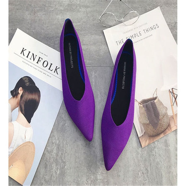 2019 Women's Flat Shoes Ballet Shoes Breathable Knit Pointed Shoes Moccasin Mixed Color Women's Soft Shoes Women Zapatos De