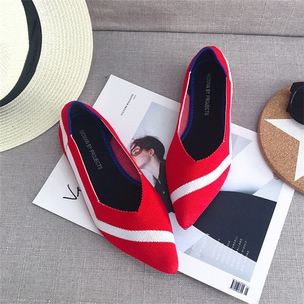 2019 Women's Flat Shoes Ballet Shoes Breathable Knit Pointed Shoes Moccasin Mixed Color Women's Soft Shoes Women Zapatos De