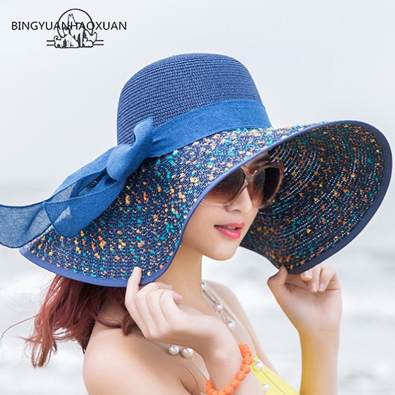 BINGYUANHAOXUAN Brand Large Brim Floppy Floppy Hat Sun Hat Beach Women Hat Foldable Summer UV Protect Travel Casual Hat Female
