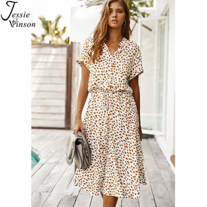 Jessie Vinson Dots Print White Summer Dress Women Short Sleeve Tunic Midi Dress Casual  Boho Beach Dress Vestidos 2020 ZA Dress