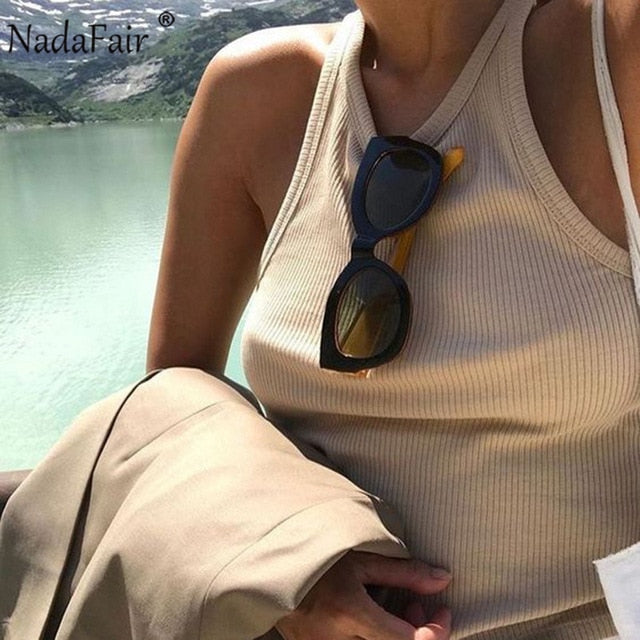 Nadafair Casual Ribbed Tank Top Women White Off Shoulder Knitted Tops Stretchy Solid 2020 Summer Sexy Crop Top