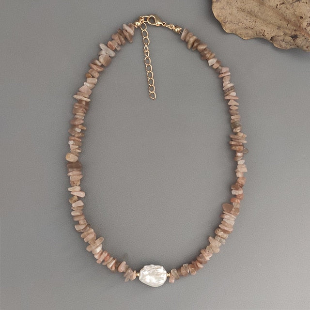 Bohemian trend crushed stone necklace irregular natural stone neck accessories gift for friends natural pearl pendant jewellery
