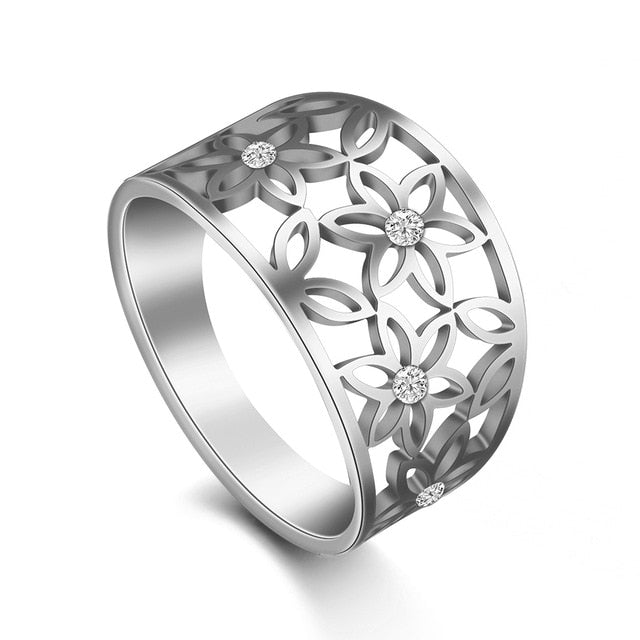 My shape Filigree Flower of Life Women Ring Zircon Stainless Steel Rings Rose Gold Color Cute Finger Ring Mother Gift Jewellery