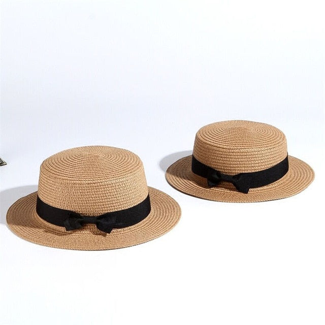 2020 simple Summer Parent-child Beach Hat Female Casual Panama Hat Lady Brand Women Flat brim Bowknot Straw cap girls Sun Hat