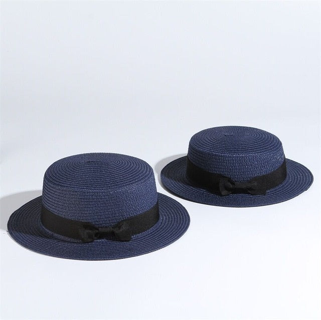 2020 simple Summer Parent-child Beach Hat Female Casual Panama Hat Lady Brand Women Flat brim Bowknot Straw cap girls Sun Hat
