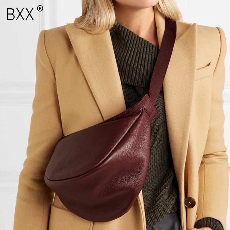 [BXX] 2020 Spring Woman New Wine Red Black Color Wide Single Strap Zipper Half Moon PU Leather Chest Bag All Match LI812