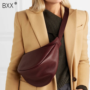 [BXX] 2020 Spring Woman New Wine Red Black Color Wide Single Strap Zipper Half Moon PU Leather Chest Bag All Match LI812