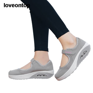 Loveontop Summer Women Flats Mesh Fabric Breathable Slip-on Casual Sneakers Lady Comfortable Round Toe Platform Mary Jane Shoes