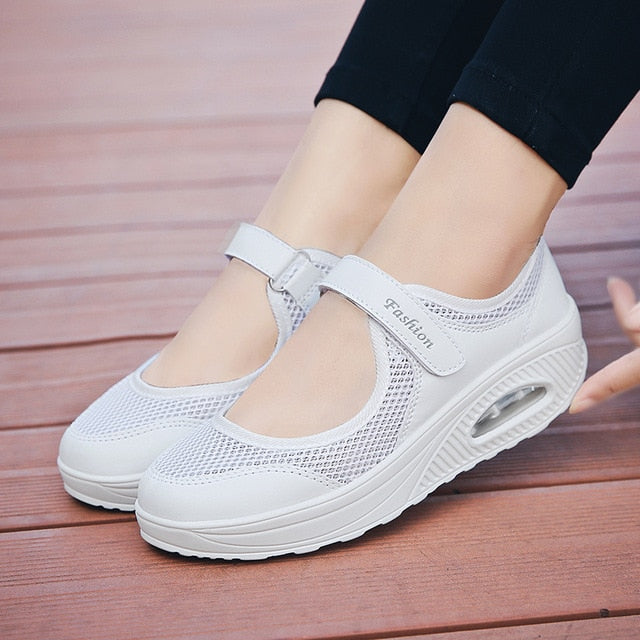 Loveontop Summer Women Flats Mesh Fabric Breathable Slip-on Casual Sneakers Lady Comfortable Round Toe Platform Mary Jane Shoes