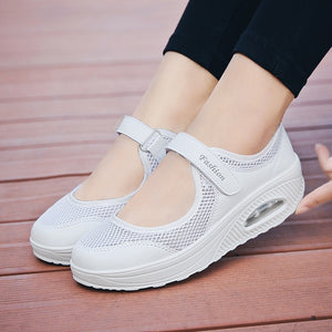 Loveontop Summer Women Flats Mesh Fabric Breathable Slip-on Casual Sneakers Lady Comfortable Round Toe Platform Mary Jane Shoes