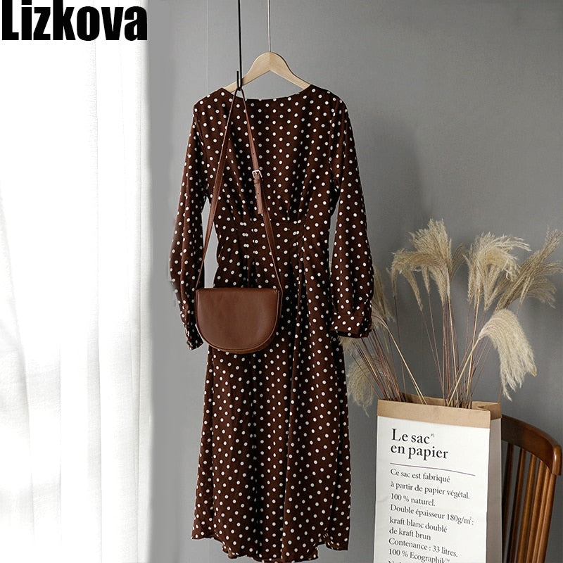 Lizkova White Chiffon Dress Women Dot Full Sleeve Elastic Waist Dress 2020 Autumn Elegant O-neck Lantern Sleeve Ladies Dress