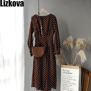 Lizkova White Chiffon Dress Women Dot Full Sleeve Elastic Waist Dress 2020 Autumn Elegant O-neck Lantern Sleeve Ladies Dress