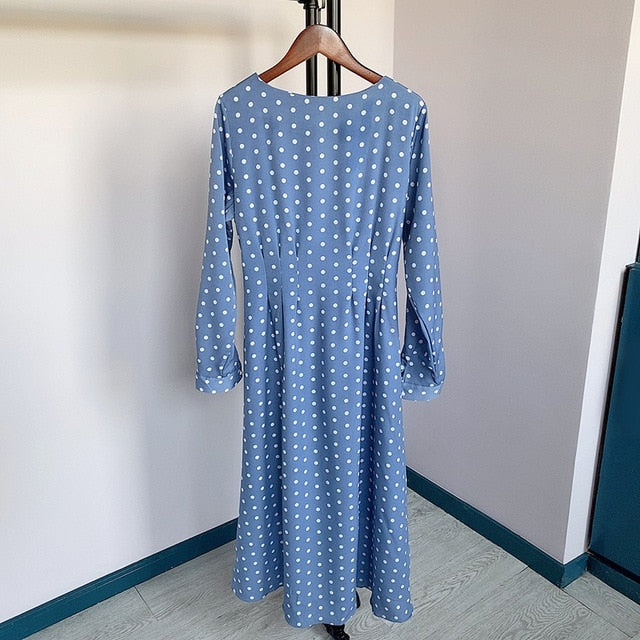 Lizkova White Chiffon Dress Women Dot Full Sleeve Elastic Waist Dress 2020 Autumn Elegant O-neck Lantern Sleeve Ladies Dress