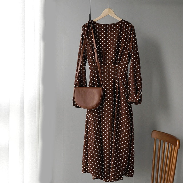 Lizkova White Chiffon Dress Women Dot Full Sleeve Elastic Waist Dress 2020 Autumn Elegant O-neck Lantern Sleeve Ladies Dress