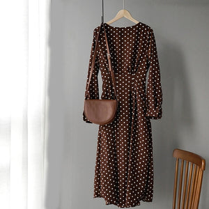Lizkova White Chiffon Dress Women Dot Full Sleeve Elastic Waist Dress 2020 Autumn Elegant O-neck Lantern Sleeve Ladies Dress