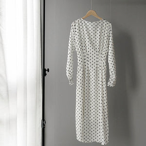 Lizkova White Chiffon Dress Women Dot Full Sleeve Elastic Waist Dress 2020 Autumn Elegant O-neck Lantern Sleeve Ladies Dress