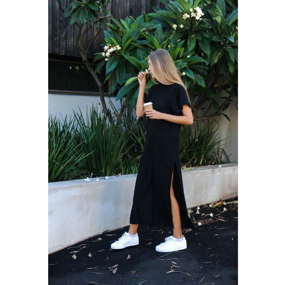 Maxi T Shirt Dress Women Summer Casual Beach Sexy Party Vintage Bodycon Long Sleeve Knitted Cotton Black Long Dresses Plus Size