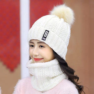 Winter Hat Womens Beanie Hats Thick Warm Skullies Winter Knitted Women Hat Letter Bonnet Beanie Cap Outdoor Riding Hat Scarf Set