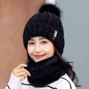 Winter Hat Womens Beanie Hats Thick Warm Skullies Winter Knitted Women Hat Letter Bonnet Beanie Cap Outdoor Riding Hat Scarf Set