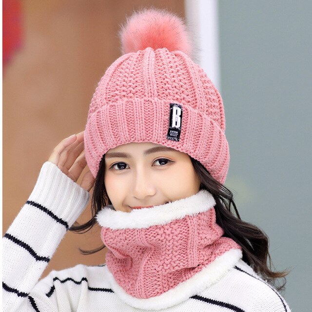 Winter Hat Womens Beanie Hats Thick Warm Skullies Winter Knitted Women Hat Letter Bonnet Beanie Cap Outdoor Riding Hat Scarf Set