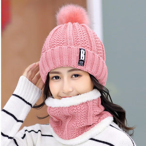 Winter Hat Womens Beanie Hats Thick Warm Skullies Winter Knitted Women Hat Letter Bonnet Beanie Cap Outdoor Riding Hat Scarf Set