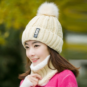 Winter Hat Womens Beanie Hats Thick Warm Skullies Winter Knitted Women Hat Letter Bonnet Beanie Cap Outdoor Riding Hat Scarf Set