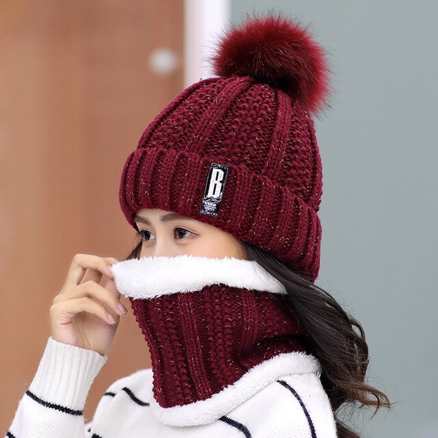 Winter Hat Womens Beanie Hats Thick Warm Skullies Winter Knitted Women Hat Letter Bonnet Beanie Cap Outdoor Riding Hat Scarf Set
