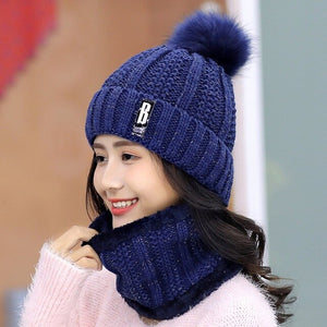 Winter Hat Womens Beanie Hats Thick Warm Skullies Winter Knitted Women Hat Letter Bonnet Beanie Cap Outdoor Riding Hat Scarf Set